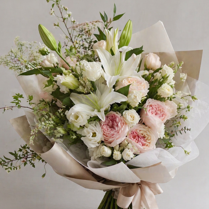 Classic Elegance: Pink & Cream Rose and Lily Bouquet 1 pink and cream rose bouquet