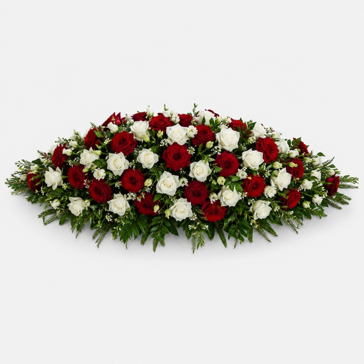 Bold Red and White Rose Coffin Spray 2 Bold Red and White Rose Coffin Spray