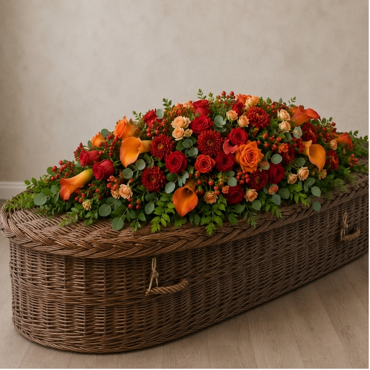 Red And Orange Mixed Casket Spray 1 Red And Orange Mixed Casket Spray on coffin