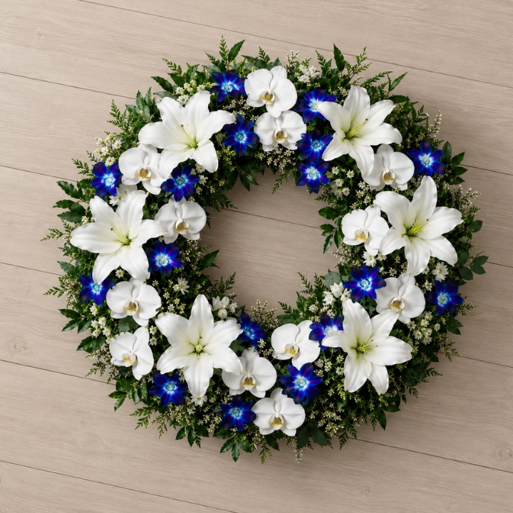 Ethereal White Lily and Blue Orchid Funeral Wreath 1 White Lily and Blue Orchid Funeral Wreath whit white orchid , White Waxflower , Greenery .