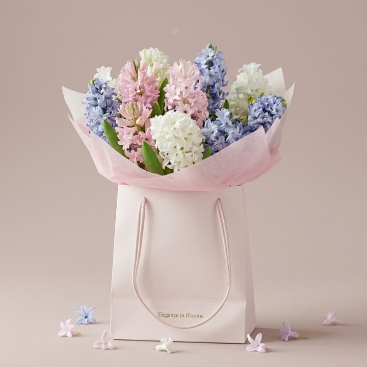 Pastel Hyacinth Bliss Bouquet 1 A beautifully arranged hyacinth flower bouquet featuring soft pastel purple and blue blooms wrapped in elegant paper.