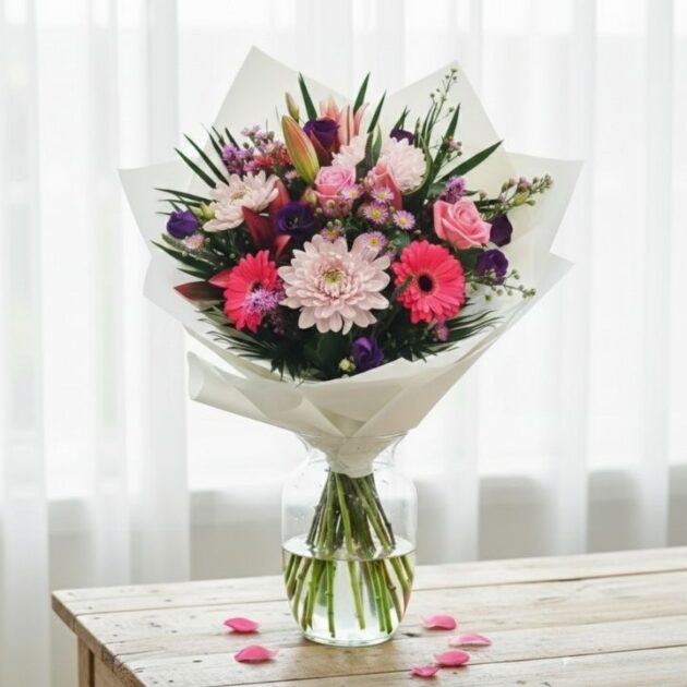Close-up of a lush magenta flower bouquet blended with soft peach roses and greenery in a stylish arrangement.