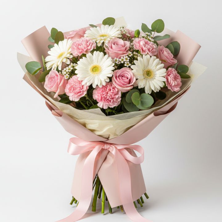 Pastel Bliss Purple & Pink Bouquet 1 A beautiful purple and pink bouquet featuring fresh seasonal flowers in a soft pastel arrangement.