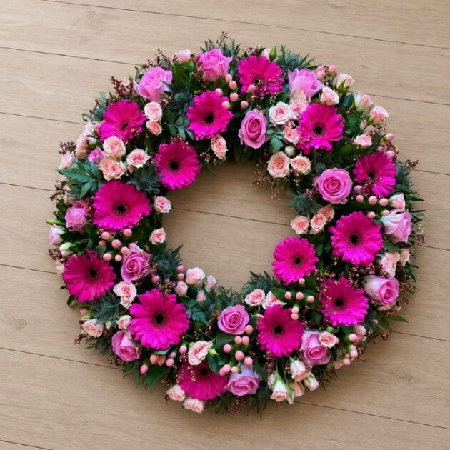 Elegant Pink Rose and Magenta Gerbera Funeral Wreath whit Pink Hypericum Berries , Blue Eryngium (Blue Thistle), Pink Waxflower