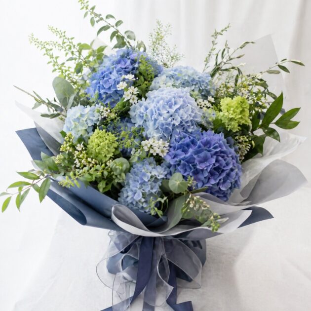 pink and blue hydrangea bouquet