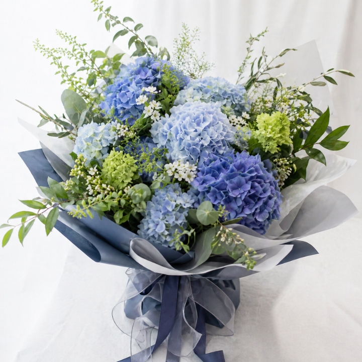 pink and blue hydrangea bouquet