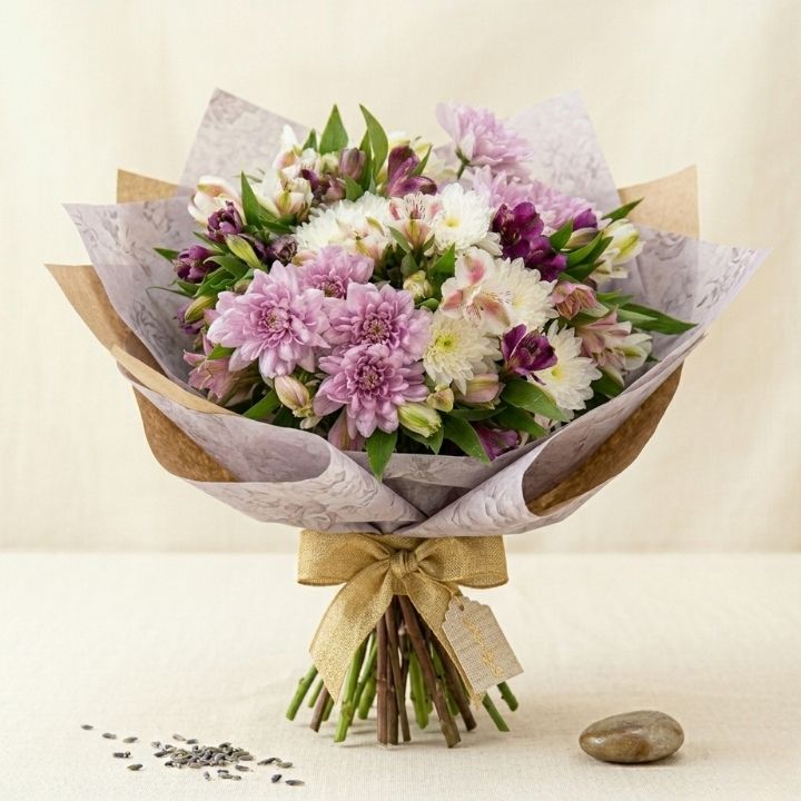Luxury Chrysanthemum and alstroemeria bouquet 1 Hand-tied white and pink chrysanthemum bouquet paired with delicate alstroemeria blossoms in a decorative wrap.