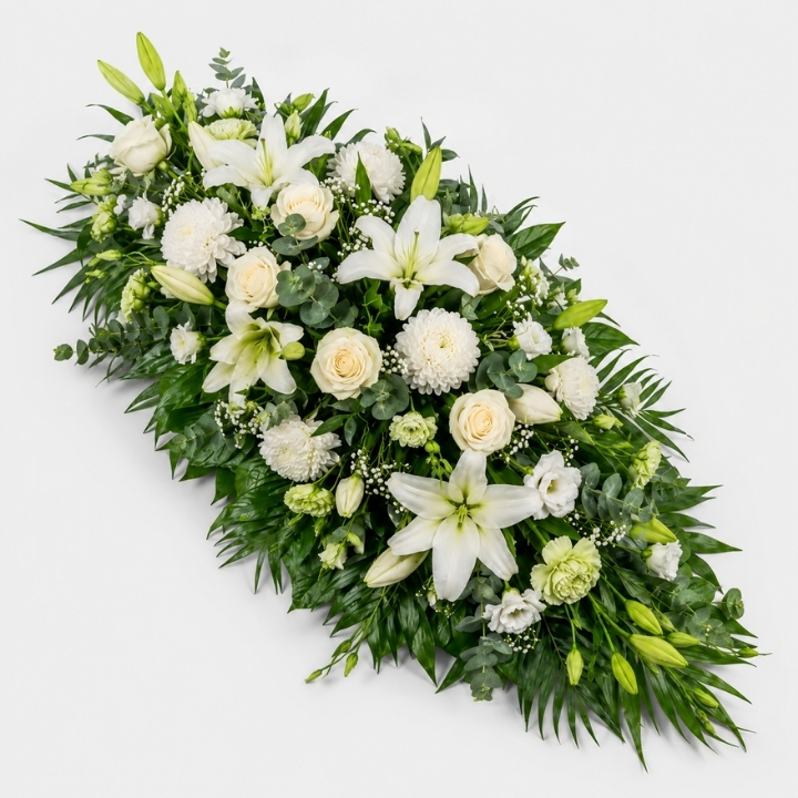 All White Flower Coffin Spray with Greenery 2 All White Flower Coffin Spray with Greenery
