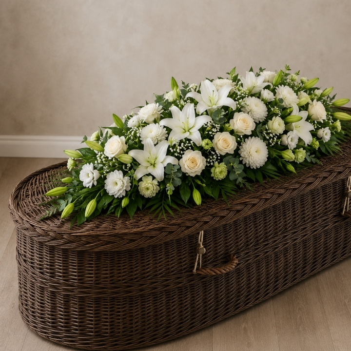 All White Flower Coffin Spray with Greenery 1 All White Flower Coffin Spray with Greenery