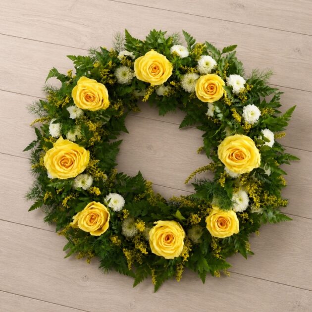 Cherished Yellow Rose and white Chrysanthemums Memorial Wreath