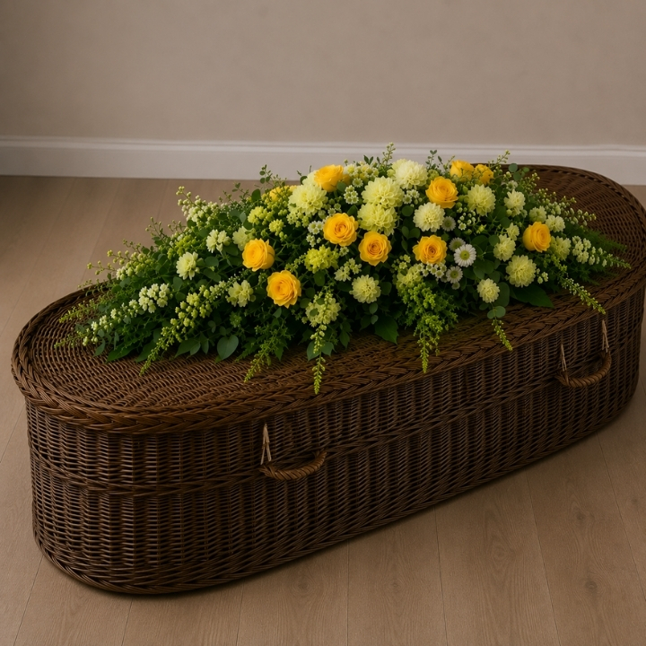 Premium Yellow Rose and Carnation Coffin Spray 1 Premium Yellow Rose and Carnation Coffin Spray on coffin