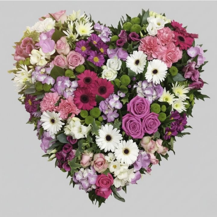 Pink & Purple Gerbera Broken Heart Tribute 1 A professional floral arrangement designed as a broken heart funeral tribute featuring white and red flowers.