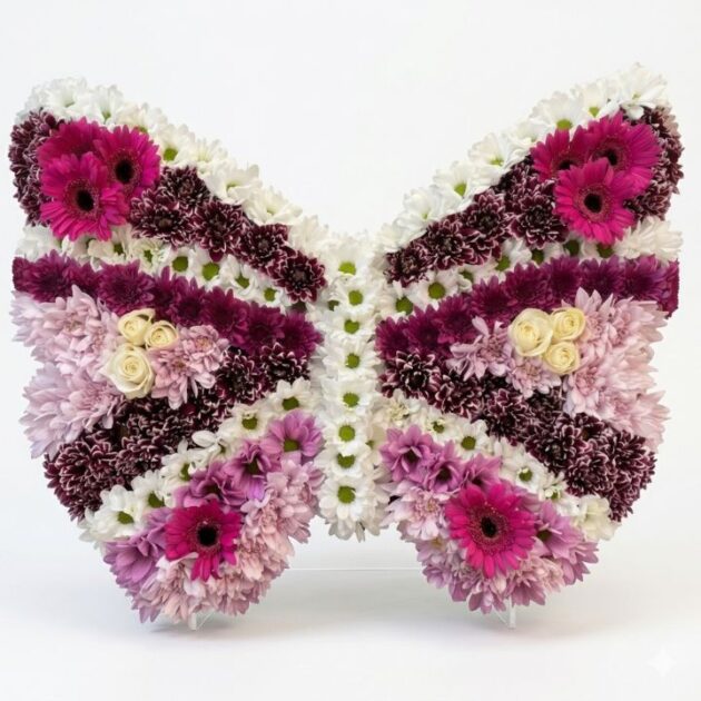 A serene butterfly funeral tribute crafted with fresh white flowers and delicate greenery for a peaceful memorial service.