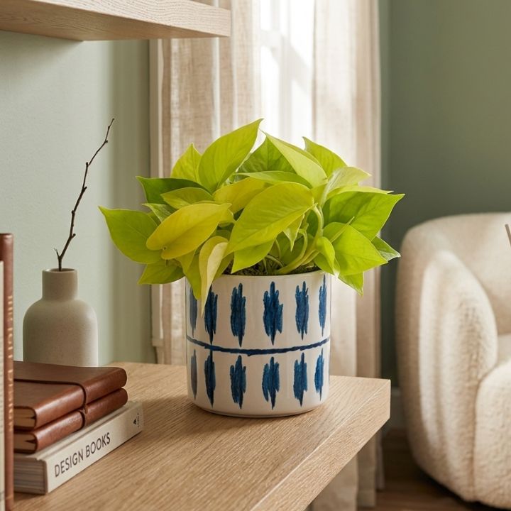 Golden Pothos Indoor Plant (13cm Pot) 1 Vibrant heart-shaped leaves of a Golden Pothos indoor plant growing in a 13cm nursery pot.