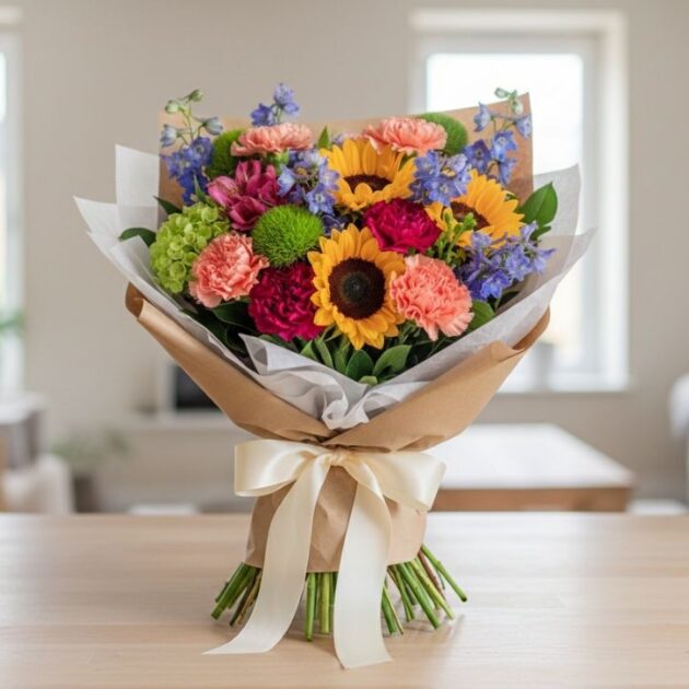 A vibrant arrangement of mixed carnation and freesia bouquets in a decorative wrap, showcasing fresh textures and colors.