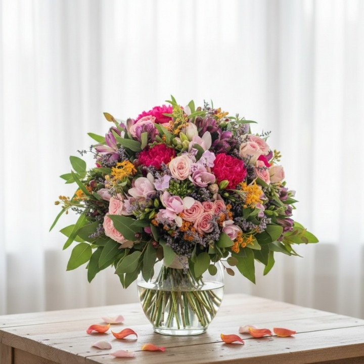 Roses, carnations, alstroemeria Mixed Flower Bouquet 1 A lush bouquet of pink rose and carnation flower arrangements accented with fresh greenery in a decorative wrap.