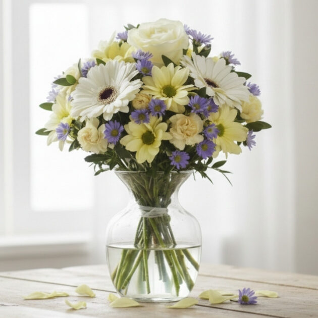 A vibrant pink roses and daisies bouquet arranged with fresh greenery in a decorative wrap.