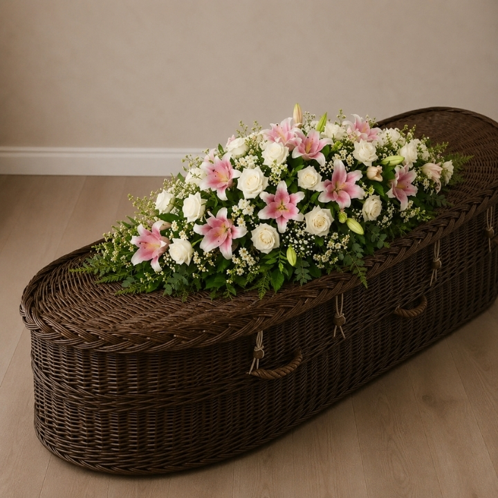 Graceful White Rose and Pink Lily Coffin Spray 1 Graceful White Rose and Pink Lily Coffin Spray on coffin