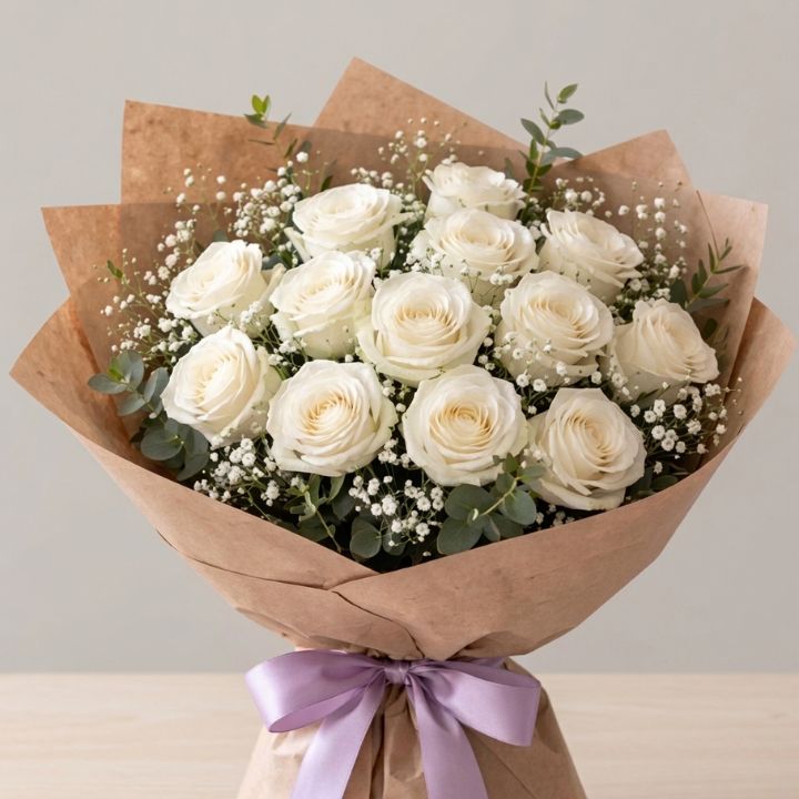 12 White Roses Bouquet 1 A hand-tied 12 white roses bouquet wrapped in premium paper for a clean and minimalist look.