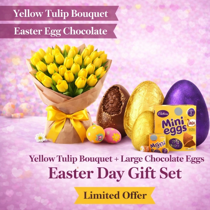 Yellow Tulips & Easter Chocolate Gift Set 1 Easter flower and Eggs Chocolate Popup
