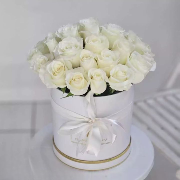 Luxury White Rose Dome Bouquet 1 A luxury dome shaped bouquet roses white arranged in a minimalist white hatbox with a silk ribbon.