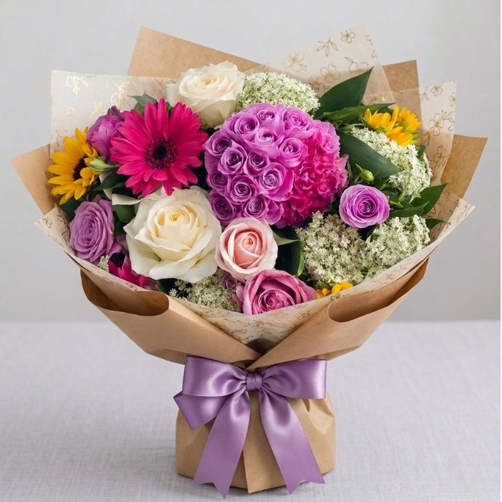 Sunflower, Rose & Hydrangea Bouquet 1 A vibrant hand-tied sunflower and rose bouquet featuring bright yellow petals and deep red blossoms.