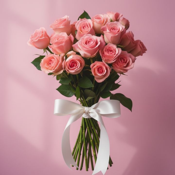 Premium Bouquet of 10 Fresh Pink Roses 1 A handcrafted premium bouquet roses pink tied with a white satin ribbon against a soft pastel background.