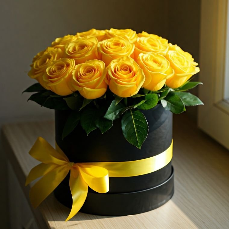 Yellow Roses in Black Hatbox 1 A luxury yellow rose box featuring fresh blooms arranged in a matte black hatbox with a silk ribbon.