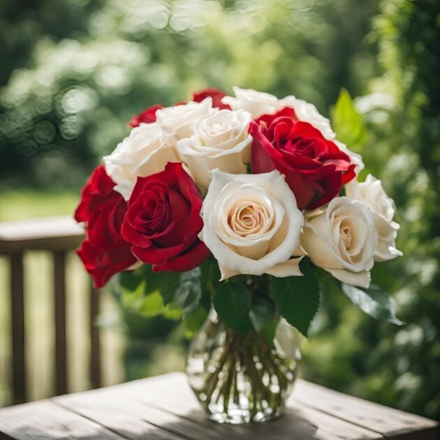 Hand-tied red and white bouquet of roses accented with fresh green eucalyptus leaves in a luxury wrap.