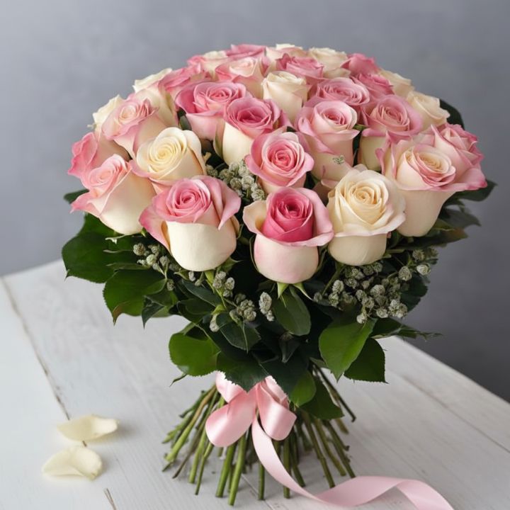Romantic Pink & Cream Hand-Tied Rose Bouquet 1 A romantic beautiful pink rose bouquet featuring fresh cream roses and delicate white baby's breath blossoms on a wooden surface.