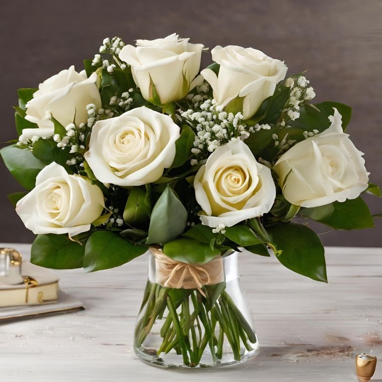 Elegant White Rose & Gypsophila Bouquet 1 A fresh white rose and gypsophila bouquet arranged in a clear glass vase with a burlap ribbon.