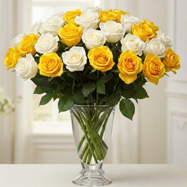 A lush yellow and white roses bouquet with green foliage arranged beautifully in a transparent glass vase.