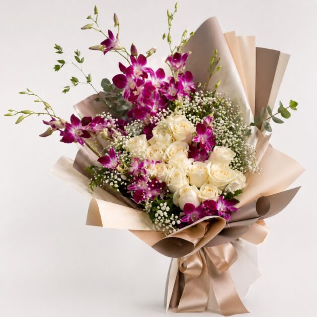 White Roses and Purple Orchid Bouquet