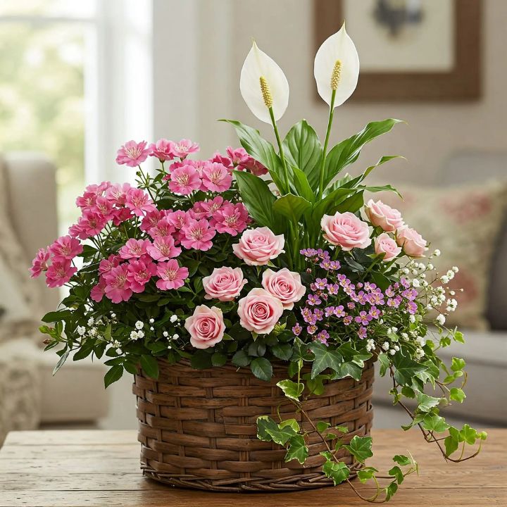Enchanted Garden Mixed Flower Pot Arrangement 1 A rustic basket holding mixed flower pot arrangements featuring pink roses, white peace lilies, and green ivy.