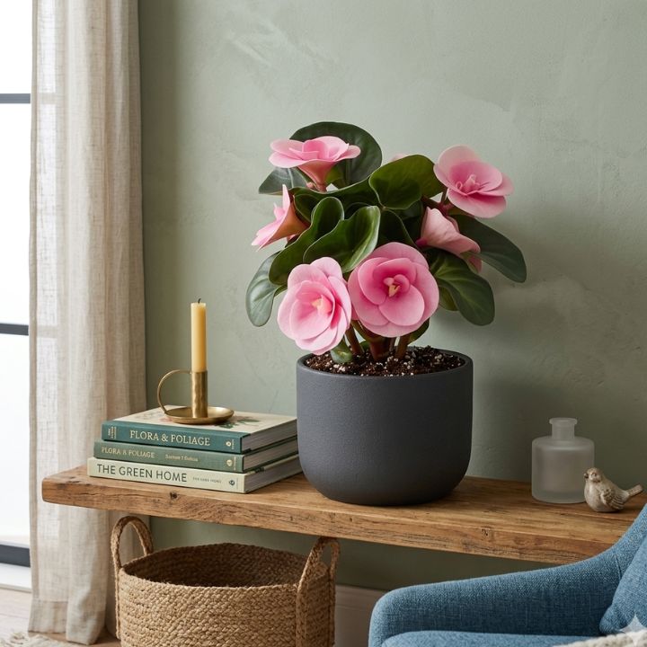 Radiant Pink Double-Bloom Begonia in Modern Noir Pot 1 Vibrant pink double bloom begonia plant pot showcasing lush green leaves and elegant floral clusters.