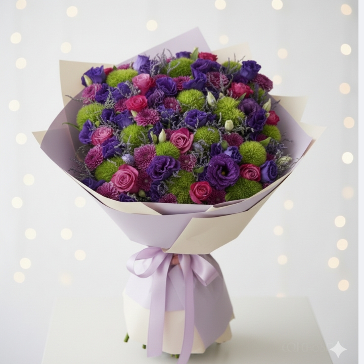 Royal Purple Lisianthus & Rose Birthday Bouquet 1 A lush purple lisianthus bouquet mixed with magenta roses and lime green dianthus in premium paper wrapping.
