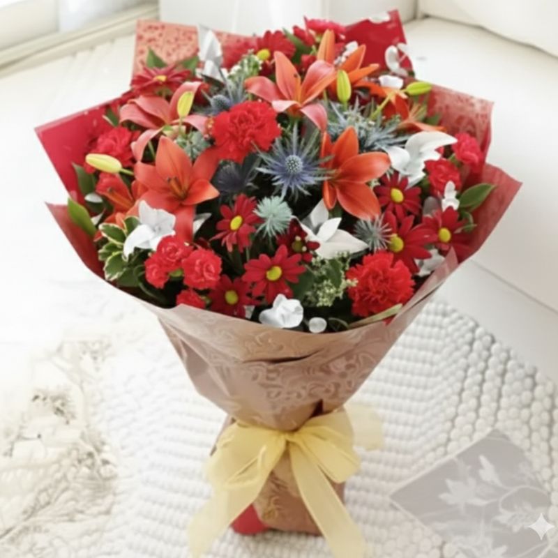Vibrant Orange Lily Birthday Bouquet 1 A beautiful orange lily bouquet in a decorative wrap, showcasing vibrant petals and fresh greenery.