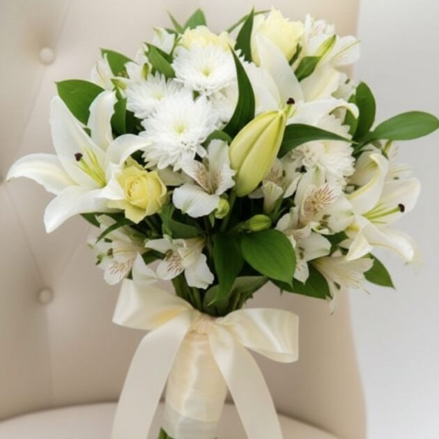 Hand-tied alstroemeria and lily bouquet with lush green leaves and a silk cream ribbon against a neutral background.