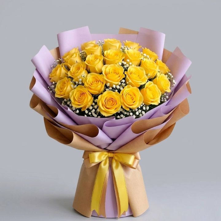 A vibrant yellow rose bouquet wrapped in elegant paper, perfect for spreading joy and friendship.