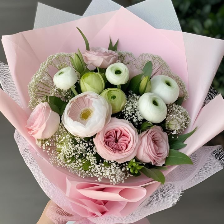 Pink & White Ranunculus Birthday Bouquet 1 Pink and White Ranunculus Bouquet arranged with fresh, hand-tied blooms