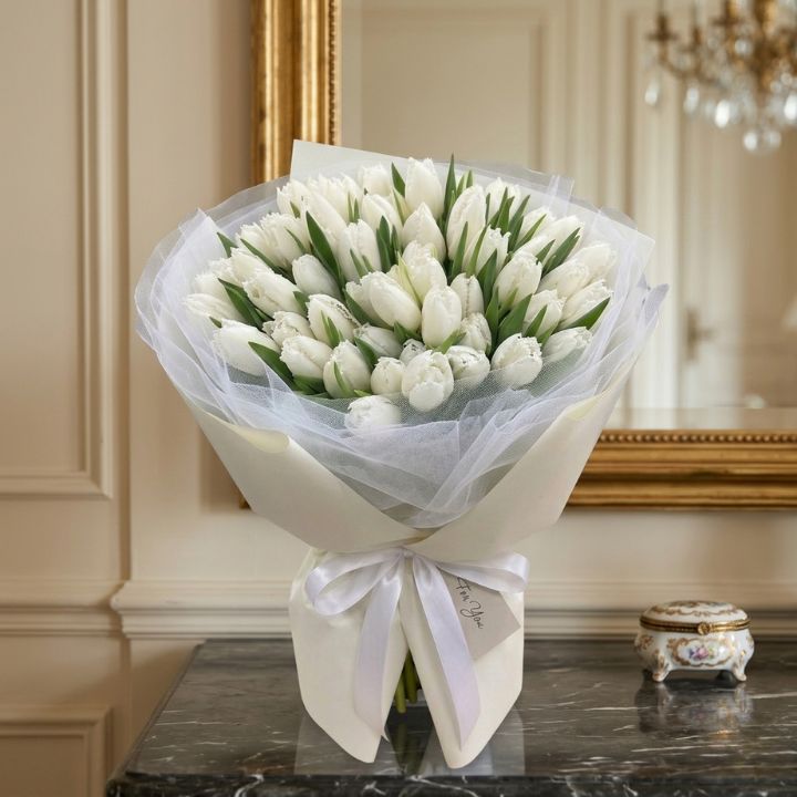 White tulip bouquet tulle wrapped