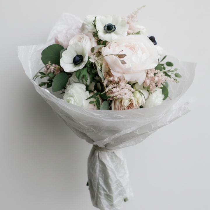 White Anemone & Peony Birthday Bouquet 1 Hand-tied anemone and peony bouquet wrapped in white textured paper with fresh greenery and rustic twine.