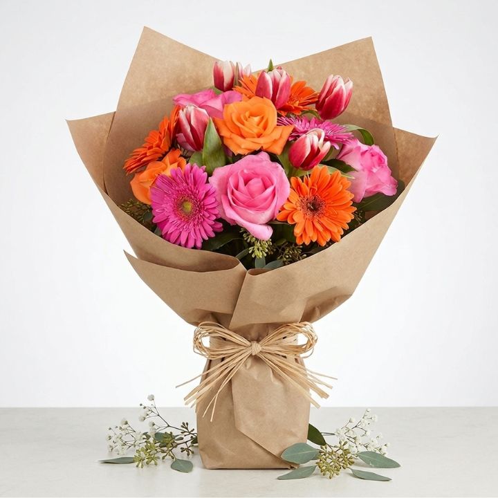 Tulip & Gerbera Daisy Birthday Bouquet 1 A vibrant tulip and gerbera daisy bouquet arranged with fresh greenery in a clean studio setting.