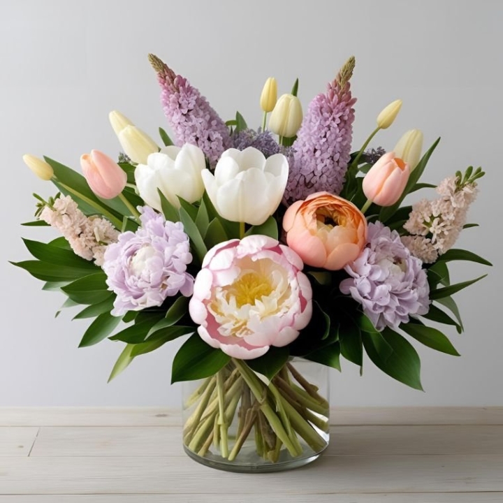Pastel Peony & Tulip Birthday Bouquet 1 A hand-held peony tulips bouquet featuring soft pink and white ruffled petals with green foliage.
