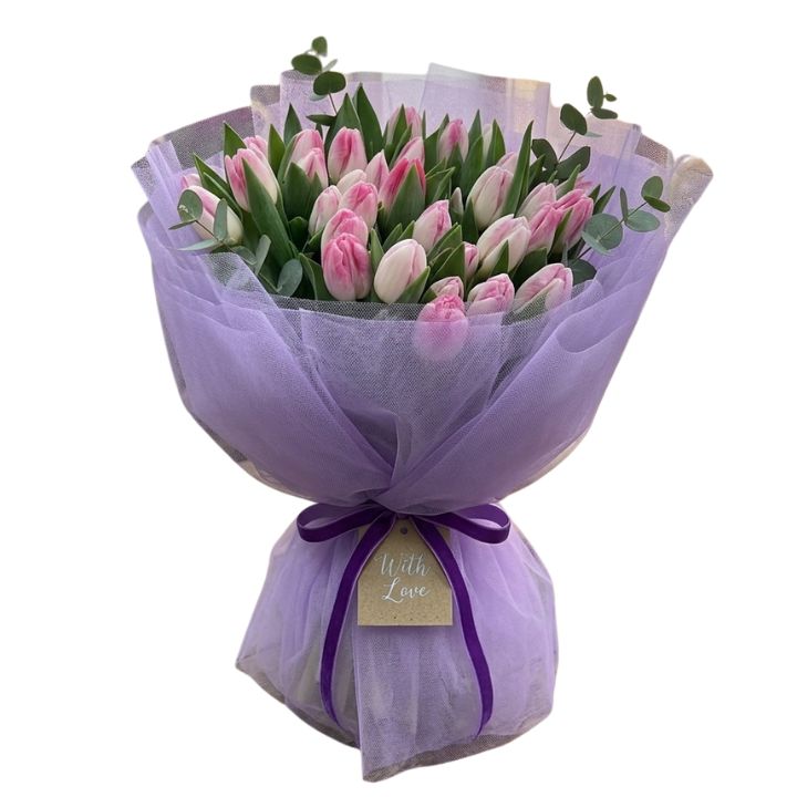 Tulle-Wrapped Tulip Anniversary Bouquet 1 tulip flower bouquet tulle wrapped