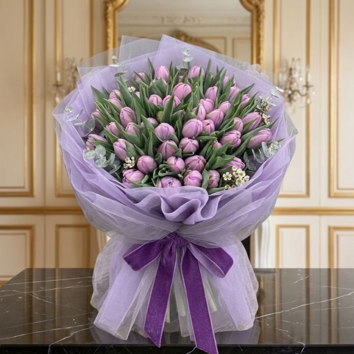 Tulle-Wrapped Tulip Anniversary Bouquet 2 tulle wrapped tulip bouquet
