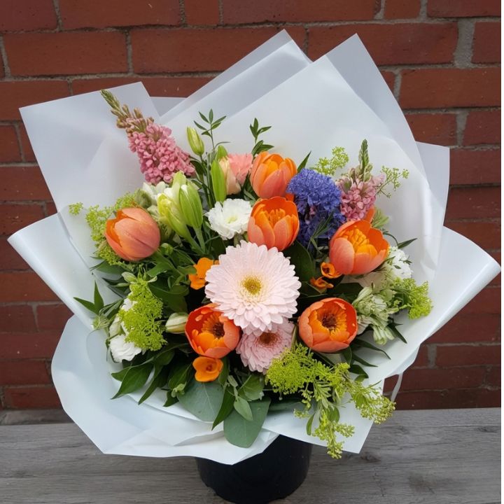 Gerbera & Tulip Anniversary Bouquet 1 Hand-tied Gerbera and Tulip Bouquets featuring bright orange tulips and soft pink gerberas in white wrap.