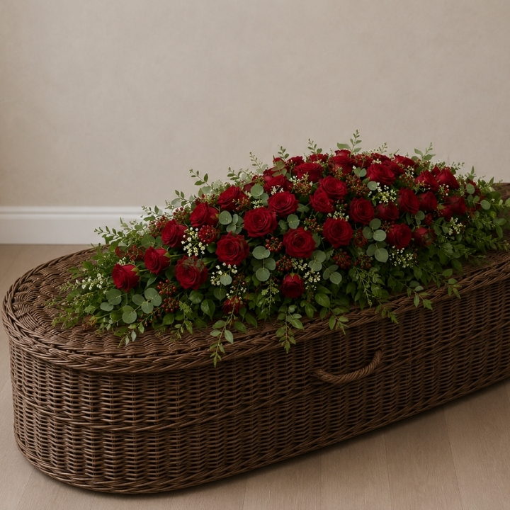 Deep Red Rose Double Ended Coffin Spray 1 Deep Red Rose Double Ended Coffin Spray on coffin.jpg