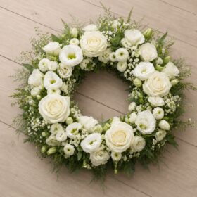 All White Rose & Lisianthus Funeral Wreath