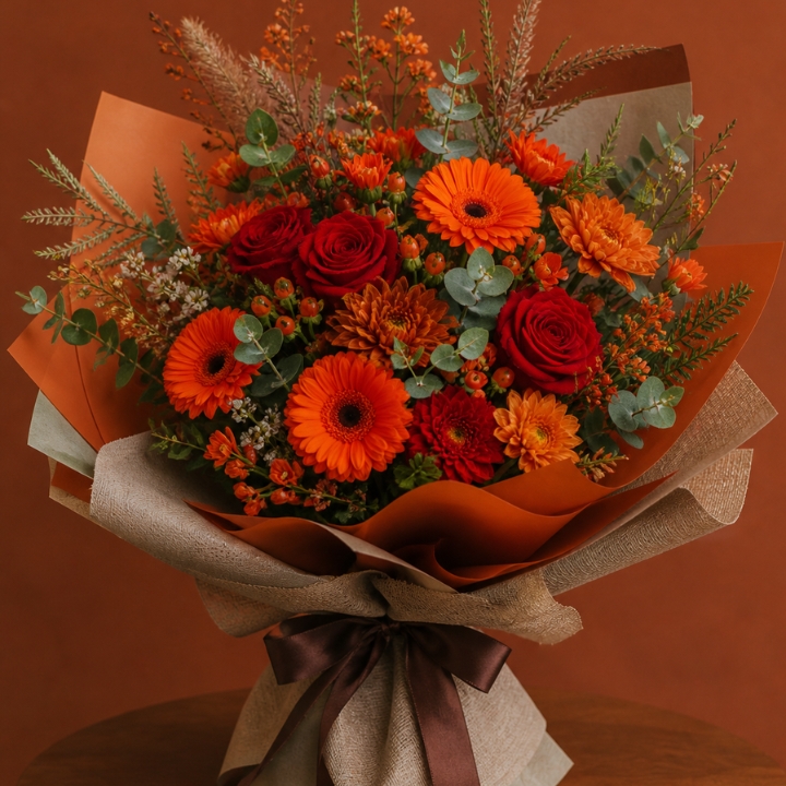 Autumn Firecracker Vase with Red Rose and Gerbera 1 Autumn flower vase arrangement